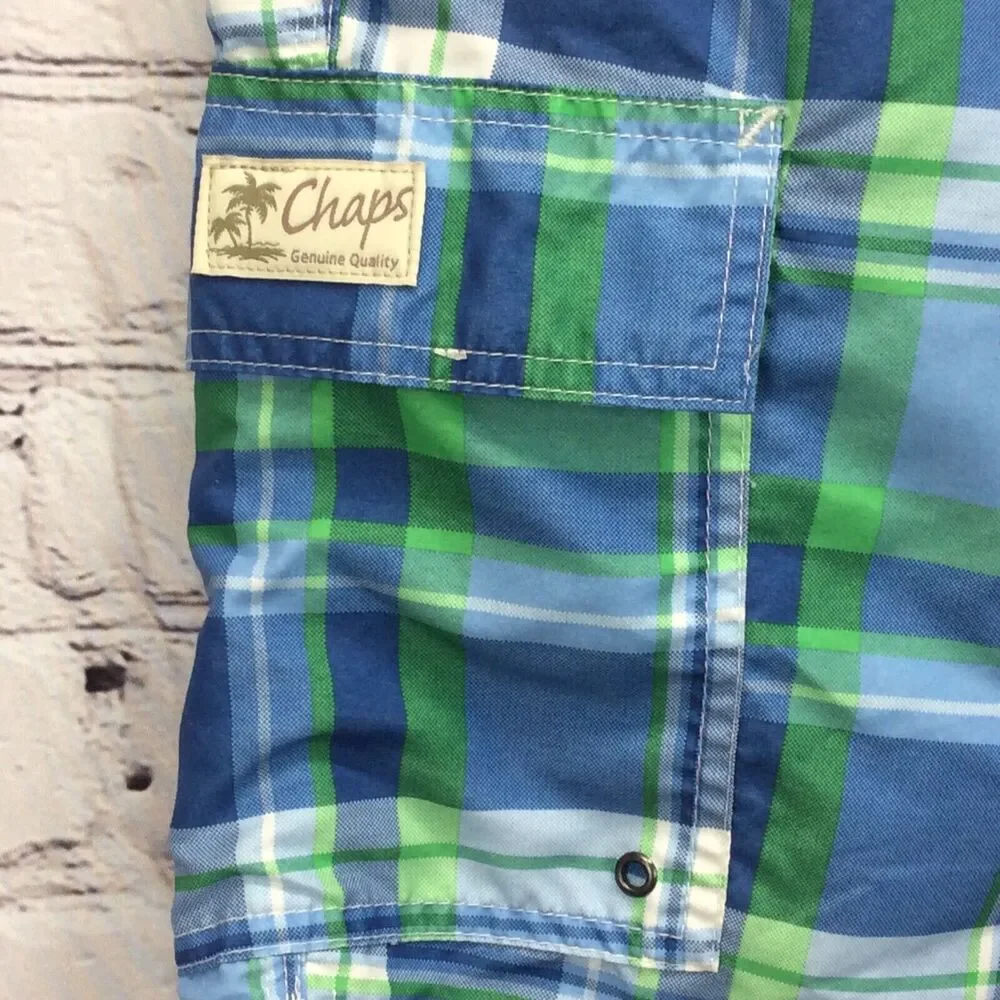 Chaps Swim Trunks Board Shorts Men's Size XXL Blue Green Plaid Mesh Lined Beach